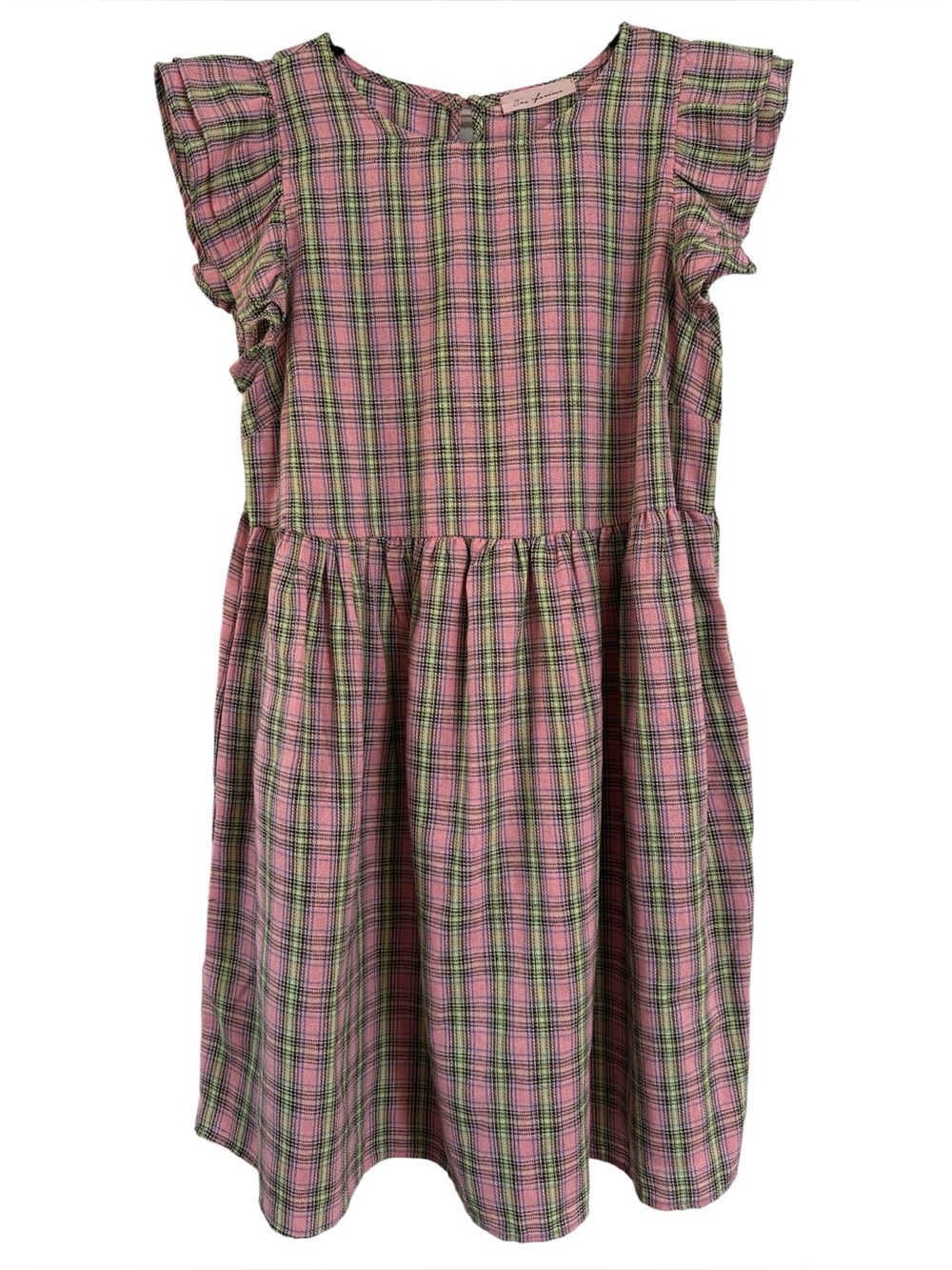 Ces Femme Pink and Green Plaid Babydoll Dress with Pockets